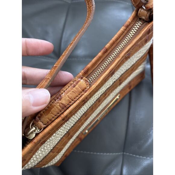 Brahmin Tote Bag Womens Brown Croc Embossed Leather Woven Straw Shoulder Tassel - Picture 5 of 10